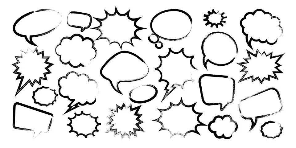 Grunge comic speech bubbles with brush strokes, ink smudges, acrylic stains or Stock Illustration