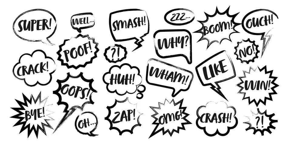 Grunge comic speech bubbles with handwritten text, brush strokes, ink smudges Stockillustratie
