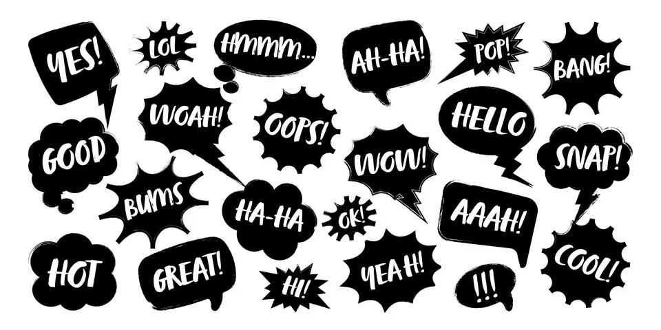 Grunge comic speech bubbles with handwritten text, brush strokes, ink smudges Stock Illustration