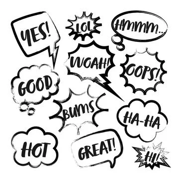 Grunge comic speech bubbles with handwritten text, brush strokes, ink smudges Stock Illustration