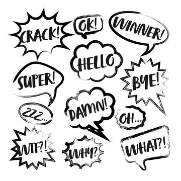Grunge comic speech bubbles with handwritten text, brush strokes, ink smudges Stockillustratie