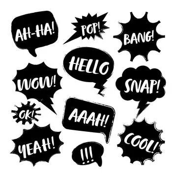 Grunge comic speech bubbles with handwritten text, brush strokes, ink smudges 스톡 일러스트