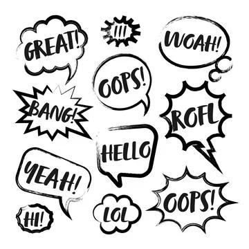 Grunge comic speech bubbles with handwritten text, brush strokes, ink smudges 스톡 일러스트