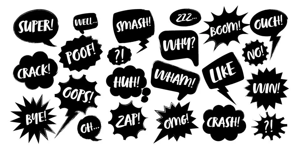 Grunge comic speech bubbles with handwritten text, brush strokes, ink smudges Stock-Illustration
