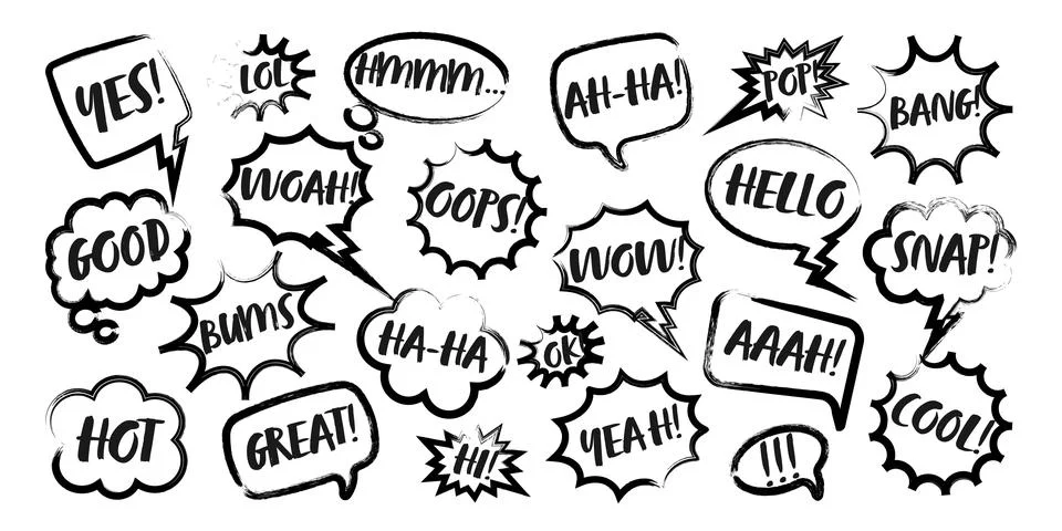 Grunge comic speech bubbles with handwritten text, brush strokes, ink smudges Stock-Illustration