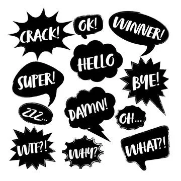 Grunge comic speech bubbles with handwritten text, brush strokes, ink smudges Stock Illustration