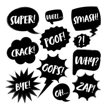 Grunge comic speech bubbles with handwritten text, brush strokes, ink smudges Stock Illustration