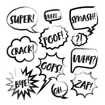 Grunge comic speech bubbles with handwritten text, brush strokes, ink smudges Stock Illustration
