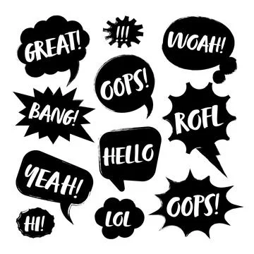 Grunge comic speech bubbles with handwritten text, brush strokes, ink smudges Stock Illustration