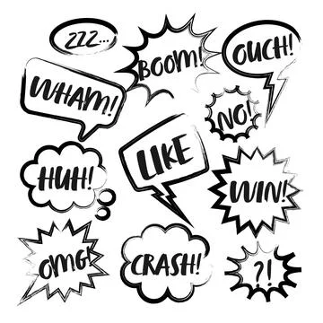 Grunge comic speech bubbles with handwritten text, brush strokes, ink smudges Stock Illustration