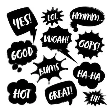 Grunge comic speech bubbles with handwritten text, brush strokes, ink smudges Stock Illustration