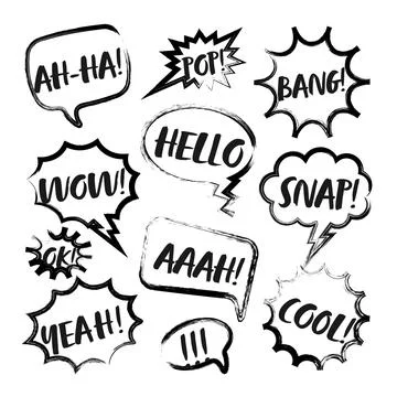 Grunge comic speech bubbles with handwritten text, brush strokes, ink smudges Stock Illustration