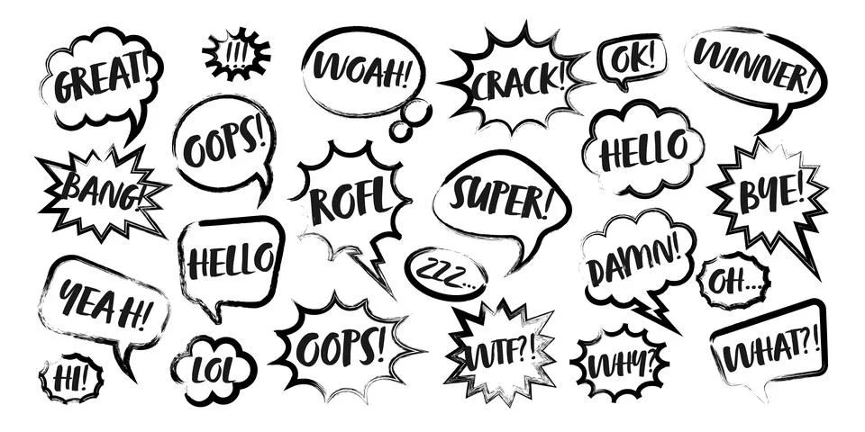 Grunge comic speech bubbles with handwritten text, brush strokes, ink smudges イラスト素材