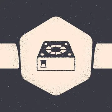 Grunge Computer cooler icon isolated on grey background. PC hardware fan Illustrazione stock