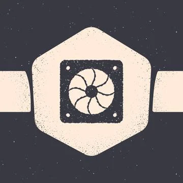 Grunge Computer cooler icon isolated on grey background. PC hardware fan Stock Illustration
