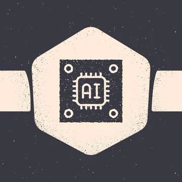 Grunge Computer processor with microcircuits CPU icon isolated on grey 스톡 일러스트