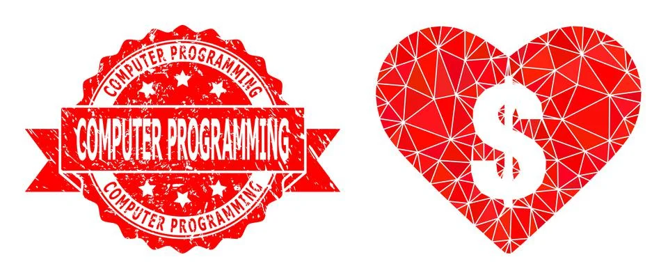 Grunge Computer Programming Seal and Love Price Lowpoly Mocaic Icon Illustrazione stock