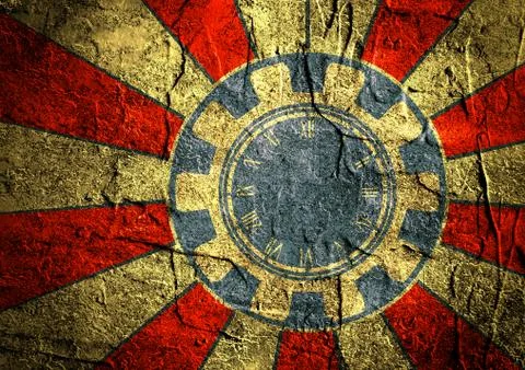 Grunge concrete sun rays backdrop withgear and clock Stock Illustration