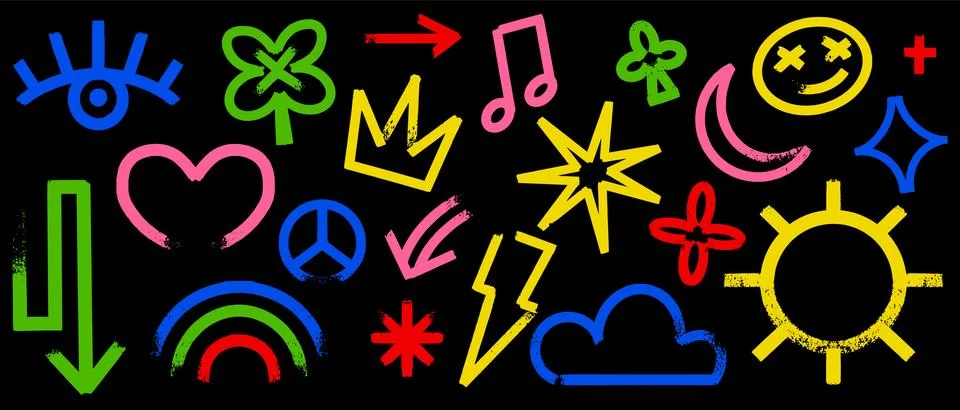 Grunge crayon kids scribble elements. Hand drawn colourful doodles with eye Illustrazione stock