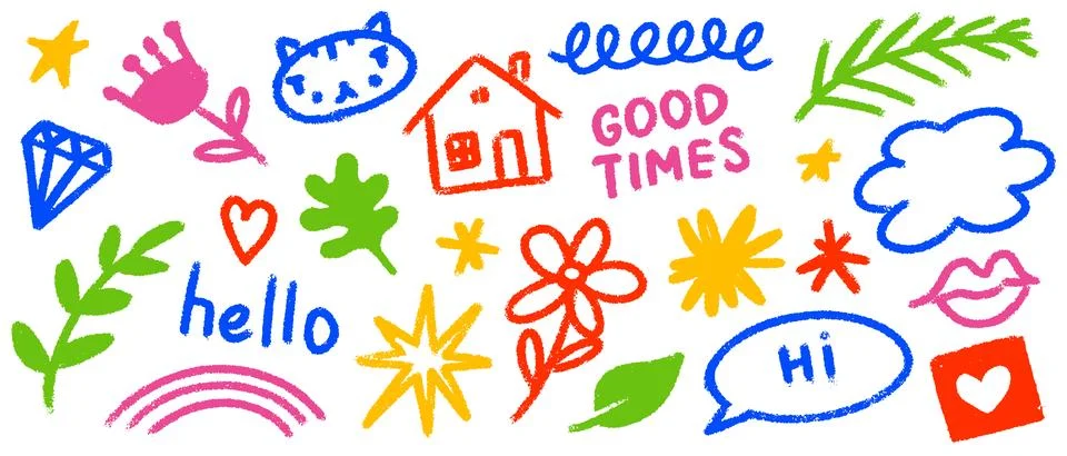 Grunge crayon kids scribble elements. Hand drawn colourful doodles with house Stock Illustration