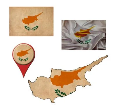 Grunge cyprus flag, map and map pointers Stock Illustration