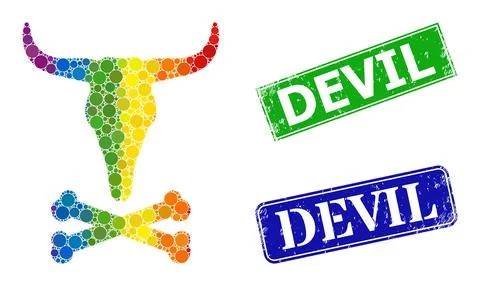 Grunge Devil Badges and Rainbow Gradient Dotted Dead Bull Bones Collage Stock-Illustration