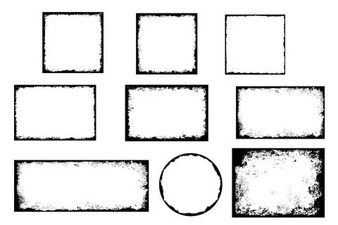 Grunge distressed round set, square and rectangle frame bundle. Ink empty black Stock Illustration