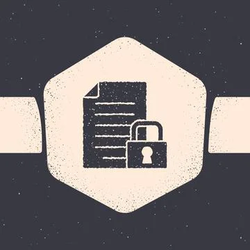Grunge Document and lock icon isolated on grey background. File format and Illustrazione stock