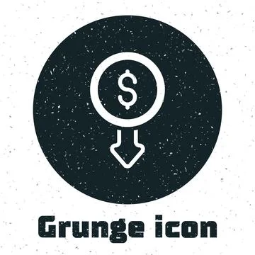 Grunge Dollar rate decrease icon isolated on white background. Cost reduction Illustrazione stock