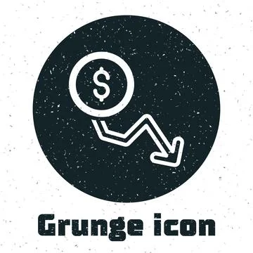 Grunge Dollar rate decrease icon isolated on white background. Cost reduction Stockillustratie