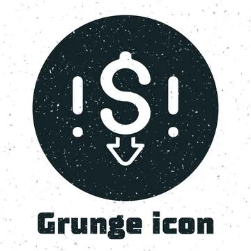 Grunge Dollar rate decrease icon isolated on white background. Cost reduction Illustrazione stock