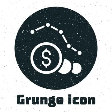 Grunge Dollar rate decrease icon isolated on white background. Cost reduction Illustrazione stock