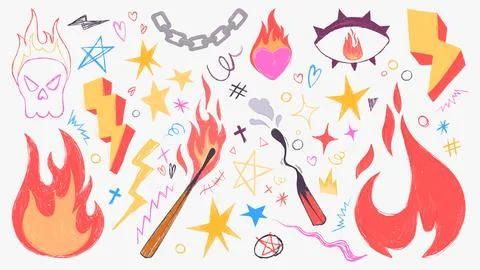 Grunge doodle flame fire vector icon set Stock Illustration