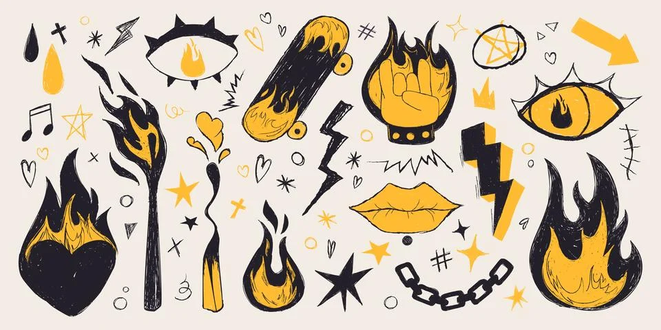 Grunge doodle flame fire vector icon set Illustrazione stock