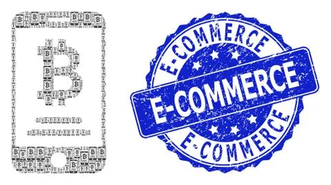 Grunge E-Commerce Round Stamp and Fractal Mobile Bitcoin Account Icon Illustrazione stock