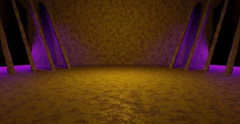 Grunge Empty Dark Rusty Showroom With Pillars Quiet Bright Purple Banner Back Ilustração Stock