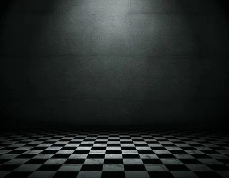 Grunge empty interior with checkered marble floor Stock Photos