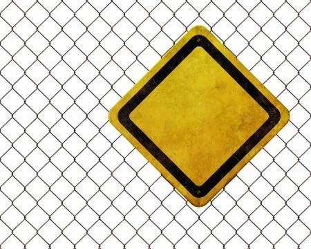 Grunge empty warning sign at rusty chainlink fence isolated on white Stock Illustration