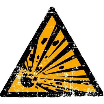 Grunge explosive materials warning sign worn scratched ISO 7010 W002 hazard.. Stock Illustration