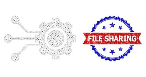 Grunge File Sharing Round Rosette Bicolor Seal Stamp and Mesh 2D Gear Connectors 库存插图