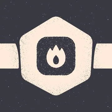 Grunge Fire flame icon isolated on grey background. Monochrome vintage drawing Stock Illustration