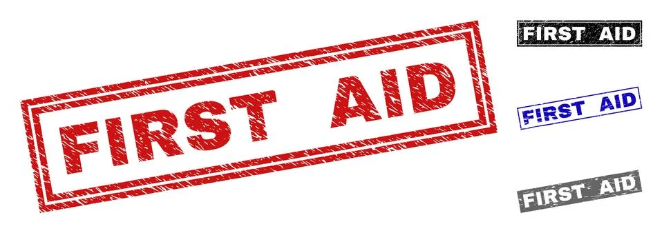 Grunge FIRST AID Scratched Rectangle Stamp Seals Illustrazione stock