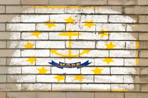 Grunge flag of us state of rhode island on brick wall painted with chalk Stock Photos