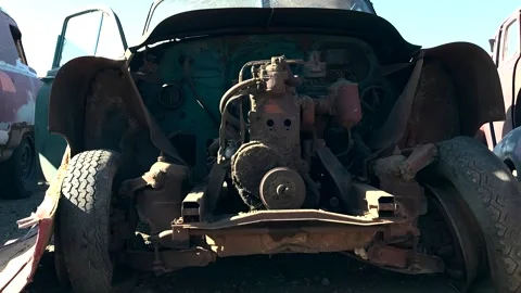 Grunge footage. Outdated car. Scrap cars background. 스톡 동영상 257653013