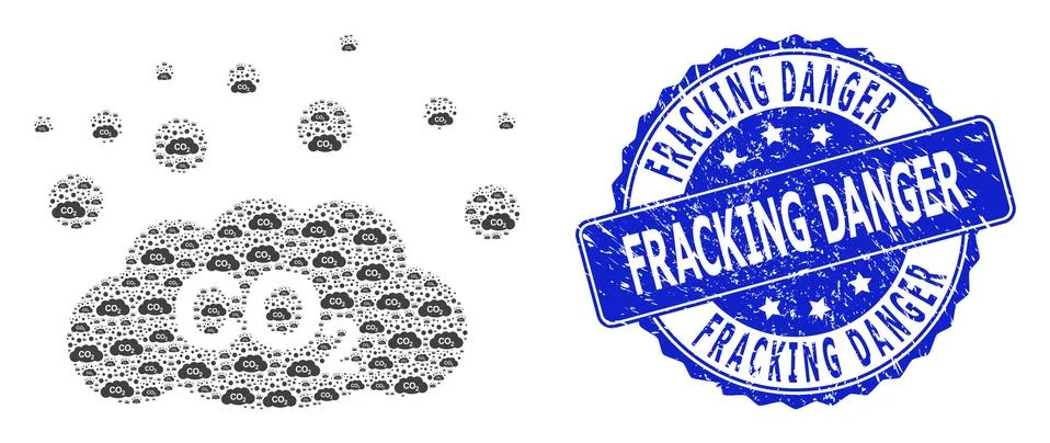 Grunge Fracking Danger Round Stamp and Fractal CO2 Gas Emission Icon Mosaic Stockillustratie