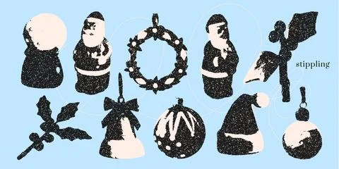 Grunge glam Christmas collage elements set with vintage stippled photocopy 스톡 일러스트