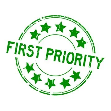Grunge green first priority word with star icon round rubber seal stamp on wh Stock Illustration