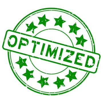 Grunge green optimized word with star icon round rubber seal stamp on white b Stock Illustration
