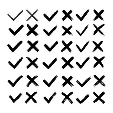 Grunge hand drawn brush strokes cross X and tick OK check marks V vector Stock Illustration
