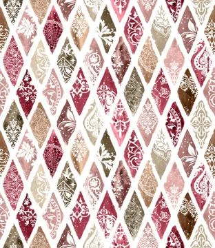 Grunge hand painted abstract pattern with bold textured diamonds in bright multi Stock Illustration